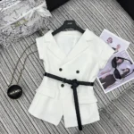 Dior Women Asymmetric Short-Sleeved Jacket with Belt Ecru Virgin Wool and Silk Grain de Poudre