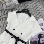 Dior Women Asymmetric Short-Sleeved Jacket with Belt Ecru Virgin Wool and Silk Grain de Poudre