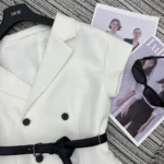 Dior Women Asymmetric Short-Sleeved Jacket with Belt Ecru Virgin Wool and Silk Grain de Poudre