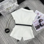 Dior Women Asymmetric Short-Sleeved Jacket with Belt Ecru Virgin Wool and Silk Grain de Poudre