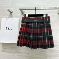 Dior Women Belted Short Kilt Red Gray and Black Check’n’Dior Virgin Wool (1)