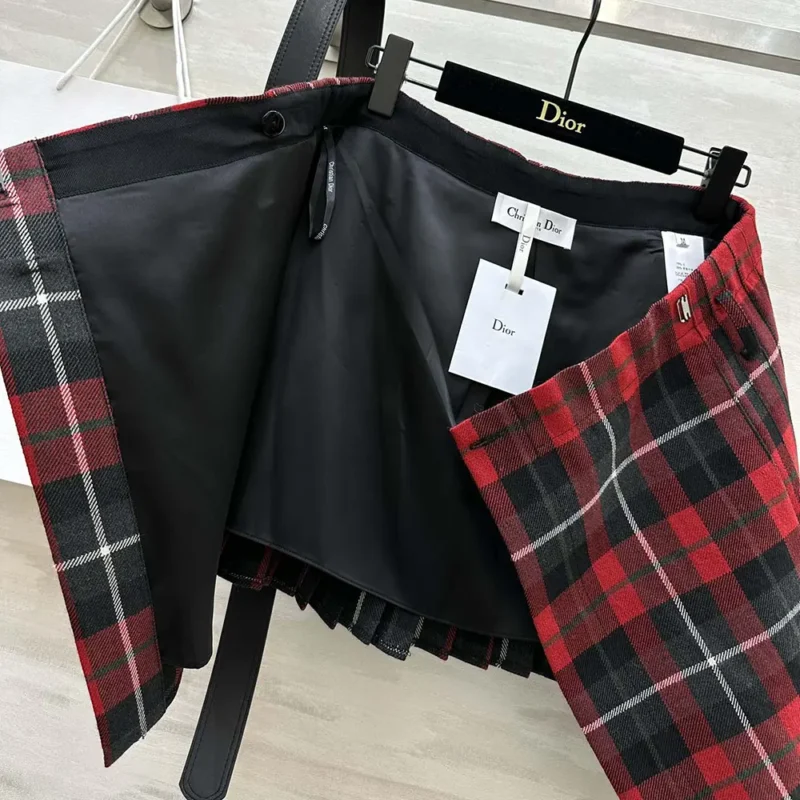 Dior Women Belted Short Kilt Red Gray and Black Check’n’Dior Virgin Wool