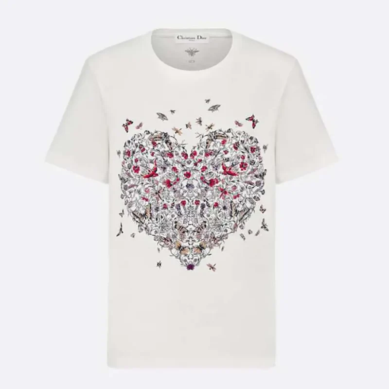 Dior Women Dioramour Embroidered T-Shirt White Cotton and Linen Jersey