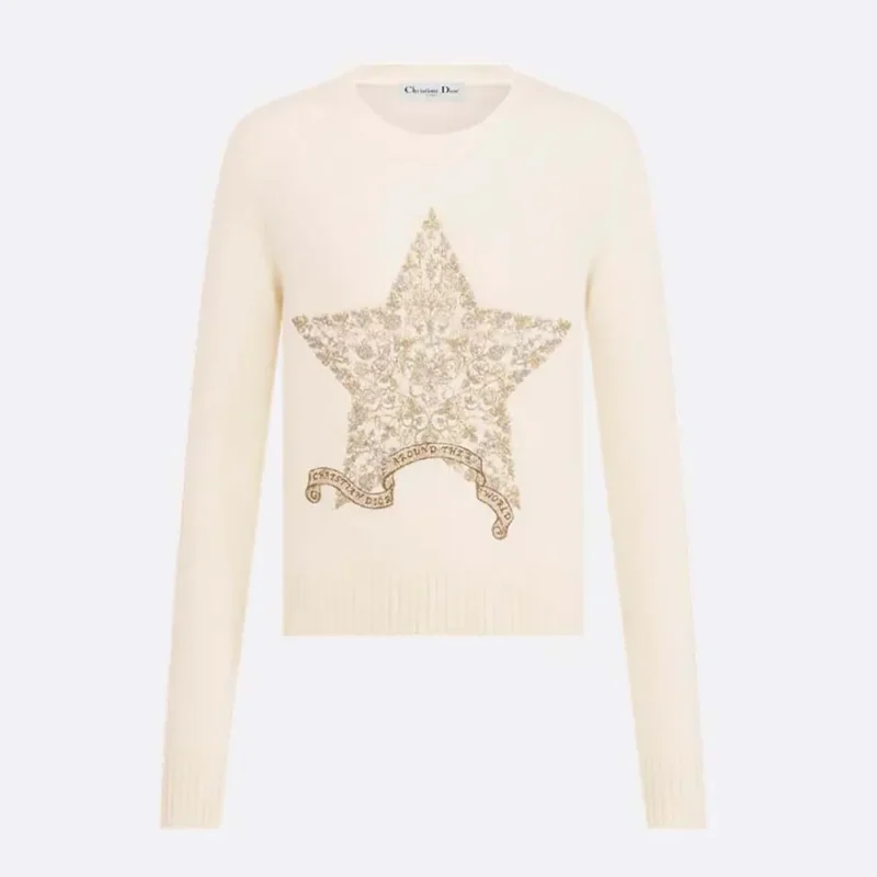 Dior Women Embroidered Sweater Ecru Cashmere Knit-514S57G0027