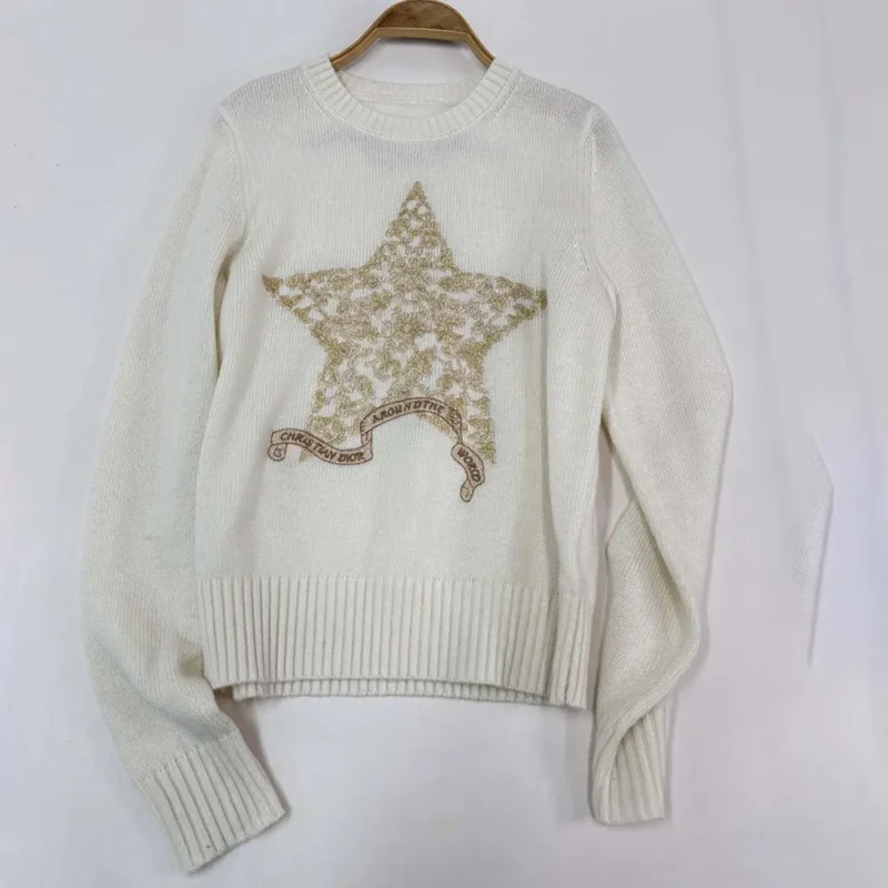 Dior Women Embroidered Sweater Ecru Cashmere Knit-514S57G0027