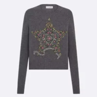 Dior Women Embroidered Sweater Gray Cashmere Knit 514S57A002