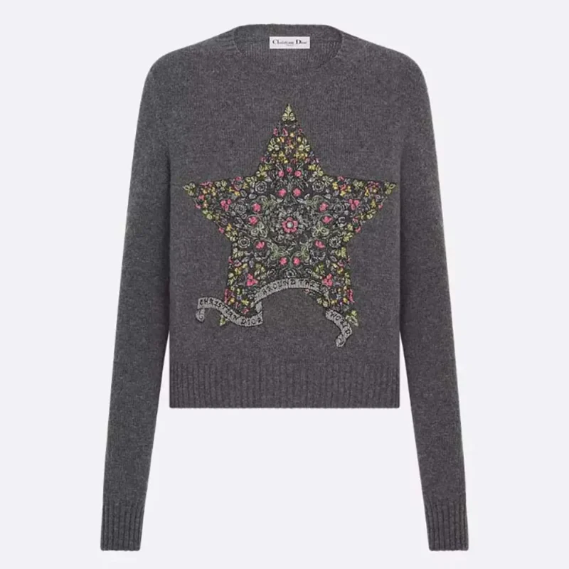 Dior Women Embroidered Sweater Gray Cashmere Knit 514S57A002