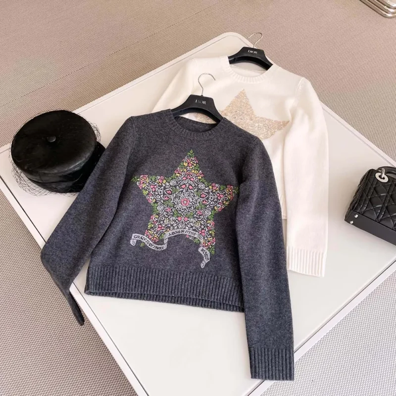 Dior Women Embroidered Sweater Gray Cashmere Knit 514S57A002