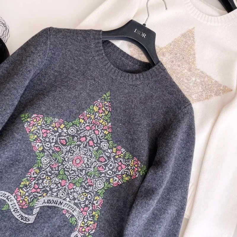 Dior Women Embroidered Sweater Gray Cashmere Knit 514S57A002