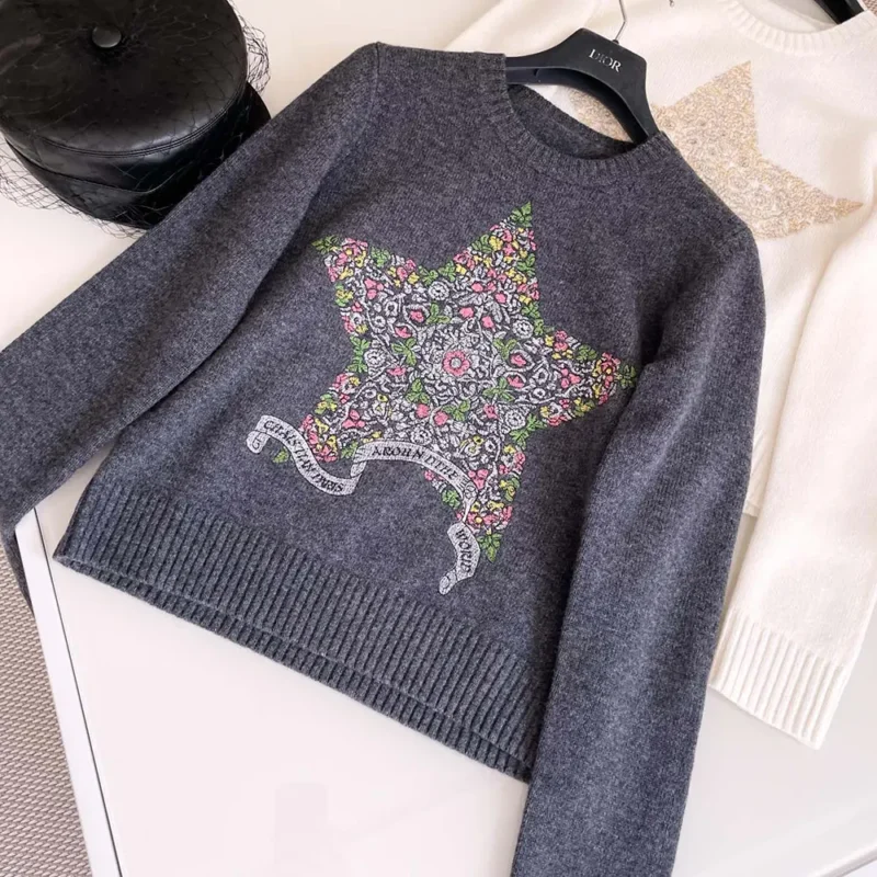 Dior Women Embroidered Sweater Gray Cashmere Knit 514S57A002