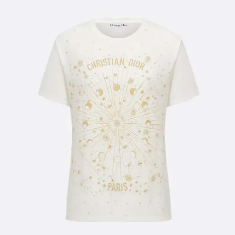 Dior Women Embroidered T-Shirt White Cotton Jersey with Gold-Tone Dior Astral Motif