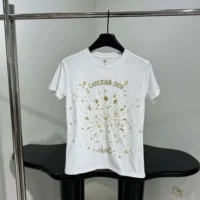 Dior Women Embroidered T-Shirt White Cotton Jersey with Gold-Tone Dior Astral Motif (1)