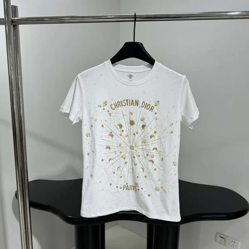 Dior Women Embroidered T-Shirt White Cotton Jersey with Gold-Tone Dior Astral Motif