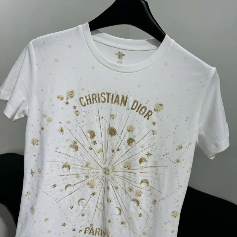Dior Women Embroidered T-Shirt White Cotton Jersey with Gold-Tone Dior Astral Motif
