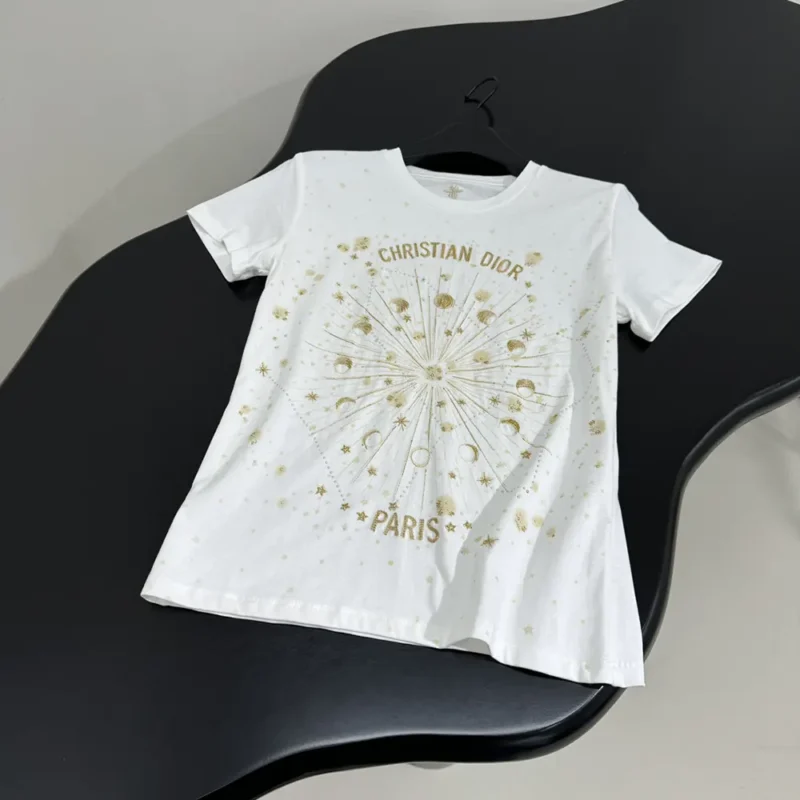 Dior Women Embroidered T-Shirt White Cotton Jersey with Gold-Tone Dior Astral Motif