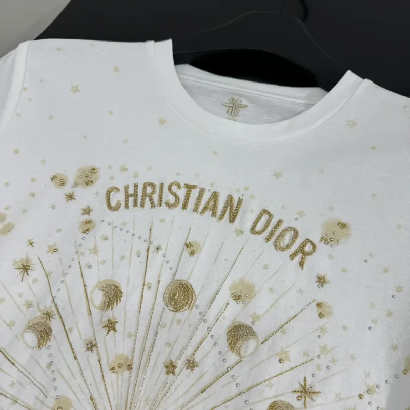 Dior Women Embroidered T-Shirt White Cotton Jersey with Gold-Tone Dior Astral Motif