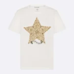 Dior Women Embroidered T-Shirt White Cotton and Linen Jersey with Gold-Tone Dior Around the World Motif