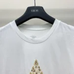 Dior Women Embroidered T-Shirt White Cotton and Linen Jersey with Gold-Tone Dior Around the World Motif
