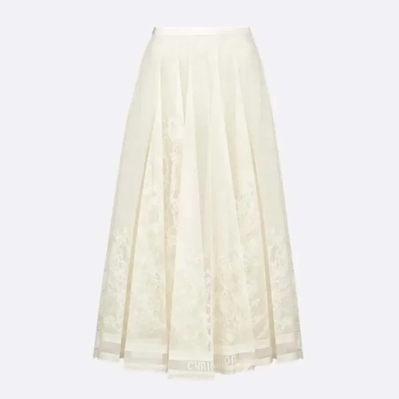 Dior Women Flared Mid-Length Skirt Ecru Dior Chardons Cotton-Blend Lace