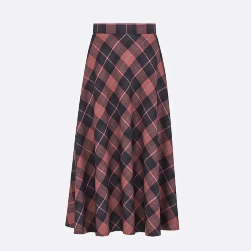 Dior Women Flared Mid-Length Skirt Pink Gray and White Check’n’Dior Virgin Wool