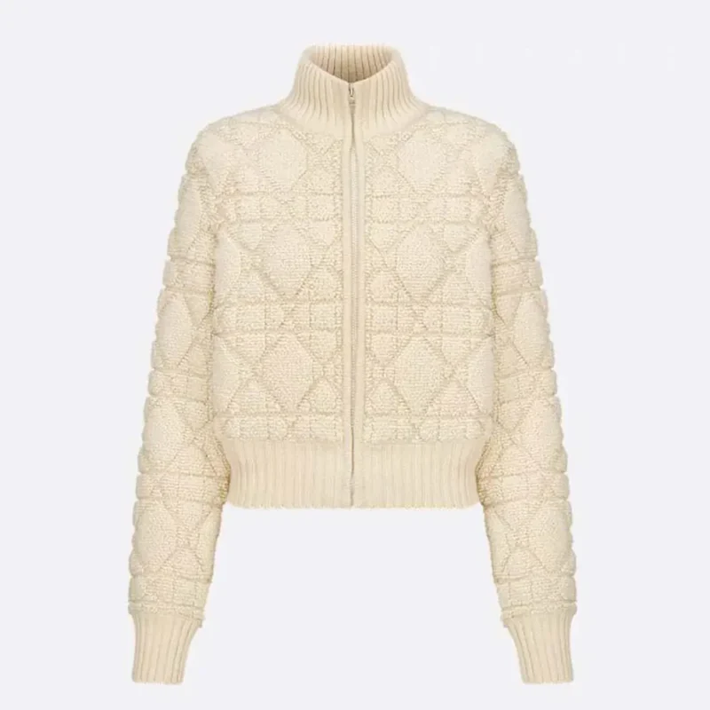 Dior Women Macrocannage Zipped Cardigan Ecru Wool- and Cashmere-Blend Knit