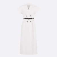 Dior Women Mid-Length Belted Dress Ecru Virgin Wool and Silk Grain de Poudre