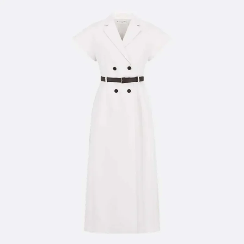 Dior Women Mid-Length Belted Dress Ecru Virgin Wool and Silk Grain de Poudre