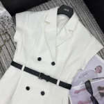 Dior Women Mid-Length Belted Dress Ecru Virgin Wool and Silk Grain de PoudreDior Women Mid-Length Belted Dress Ecru Virgin Wool and Silk Grain de Poudre