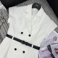 Dior Women Mid-Length Belted Dress Ecru Virgin Wool and Silk Grain de Poudre (1)