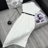 Dior Women Mid-Length Belted Dress Ecru Virgin Wool and Silk Grain de Poudre (1)