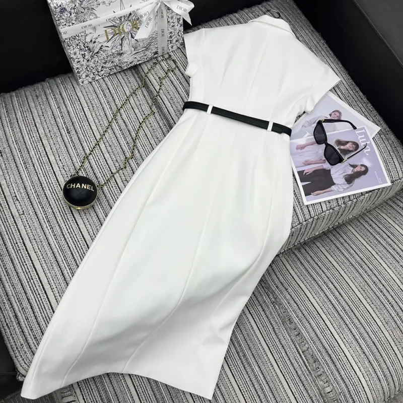 Dior Women Mid-Length Belted Dress Ecru Virgin Wool and Silk Grain de Poudre
