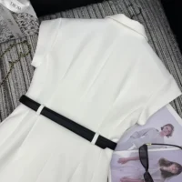 Dior Women Mid-Length Belted Dress Ecru Virgin Wool and Silk Grain de Poudre (1)