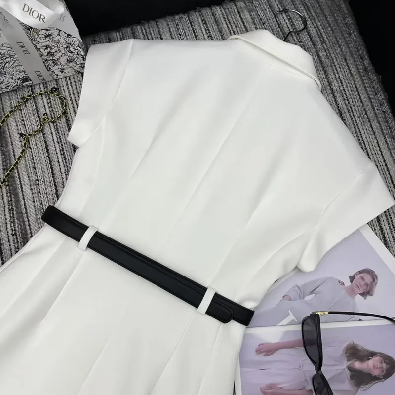 Dior Women Mid-Length Belted Dress Ecru Virgin Wool and Silk Grain de Poudre