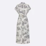 Dior Women Mid-Length Shirtdress White Cotton and Silk Poplin with Blue Toile de Jouy Scotland Motif