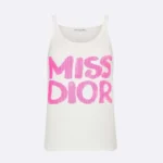Dior Women Miss Dior Tank Top White Ribbed Cotton Jersey with Bright Pink Miss Dior Graffiti Motif