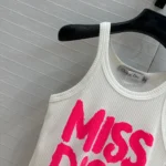 Dior Women Miss Dior Tank Top White Ribbed Cotton Jersey with Bright Pink Miss Dior Graffiti Motif