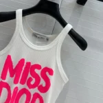 Dior Women Miss Dior Tank Top White Ribbed Cotton Jersey with Bright Pink Miss Dior Graffiti Motif