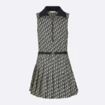 Dior Women Pleated Short Dress Blue and Ecru Technical Taffeta Jacquard with Dior Oblique Motif