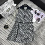 Dior Women Pleated Short Dress Blue and Ecru Technical Taffeta Jacquard with Dior Oblique Motif