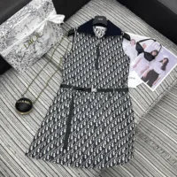 Dior Women Pleated Short Dress Blue and Ecru Technical Taffeta Jacquard with Dior Oblique Motif (1)