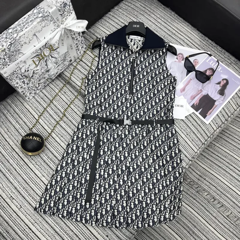 Dior Women Pleated Short Dress Blue and Ecru Technical Taffeta Jacquard with Dior Oblique Motif