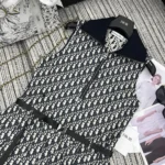 Dior Women Pleated Short Dress Blue and Ecru Technical Taffeta Jacquard with Dior Oblique Motif