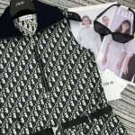 Dior Women Pleated Short Dress Blue and Ecru Technical Taffeta Jacquard with Dior Oblique Motif