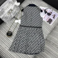 Dior Women Pleated Short Dress Blue and Ecru Technical Taffeta Jacquard with Dior Oblique Motif (1)