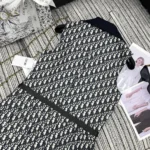 Dior Women Pleated Short Dress Blue and Ecru Technical Taffeta Jacquard with Dior Oblique Motif