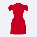 Dior Women Short Belted Dress Bright Red Lightweight Wool and Silk