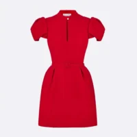 Dior Women Short Belted Dress Bright Red Lightweight Wool and Silk (1)