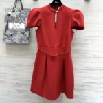 Dior Women Short Belted Dress Bright Red Lightweight Wool and Silk