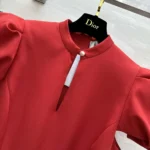 Dior Women Short Belted Dress Bright Red Lightweight Wool and Silk