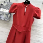 Dior Women Short Belted Dress Bright Red Lightweight Wool and Silk